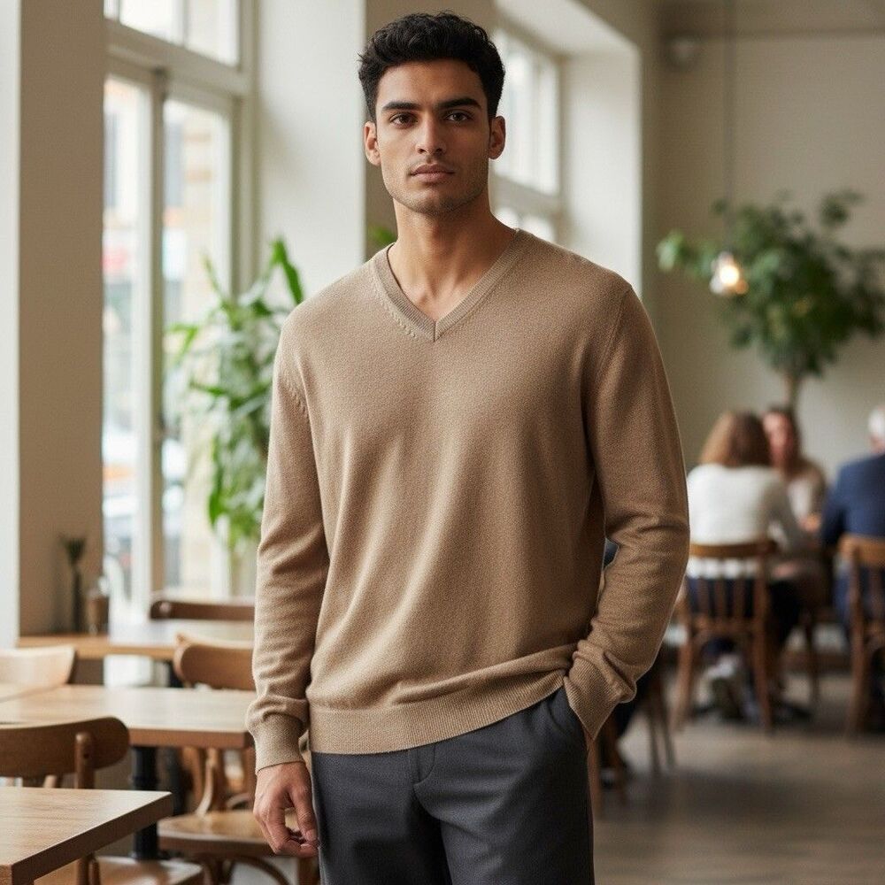 EXPRESS Mens V-neck 100% Extra Fine Merino Wool Carmel Knit Sweater Size Medium